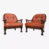 Pair of 60s armchairs in leather and wood