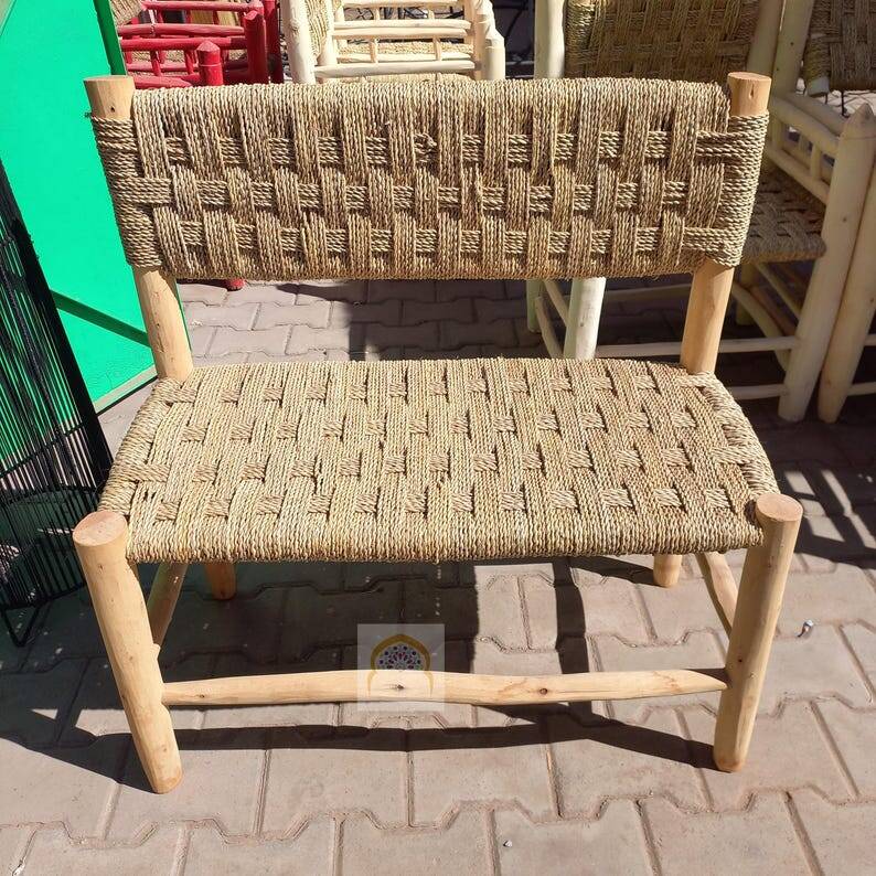 Moroccan Wooden Bench with Palm Leaf Cord Entryway and Living Room Boh