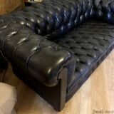 Canapé Chesterfield en cuir noir véritable 3 places
