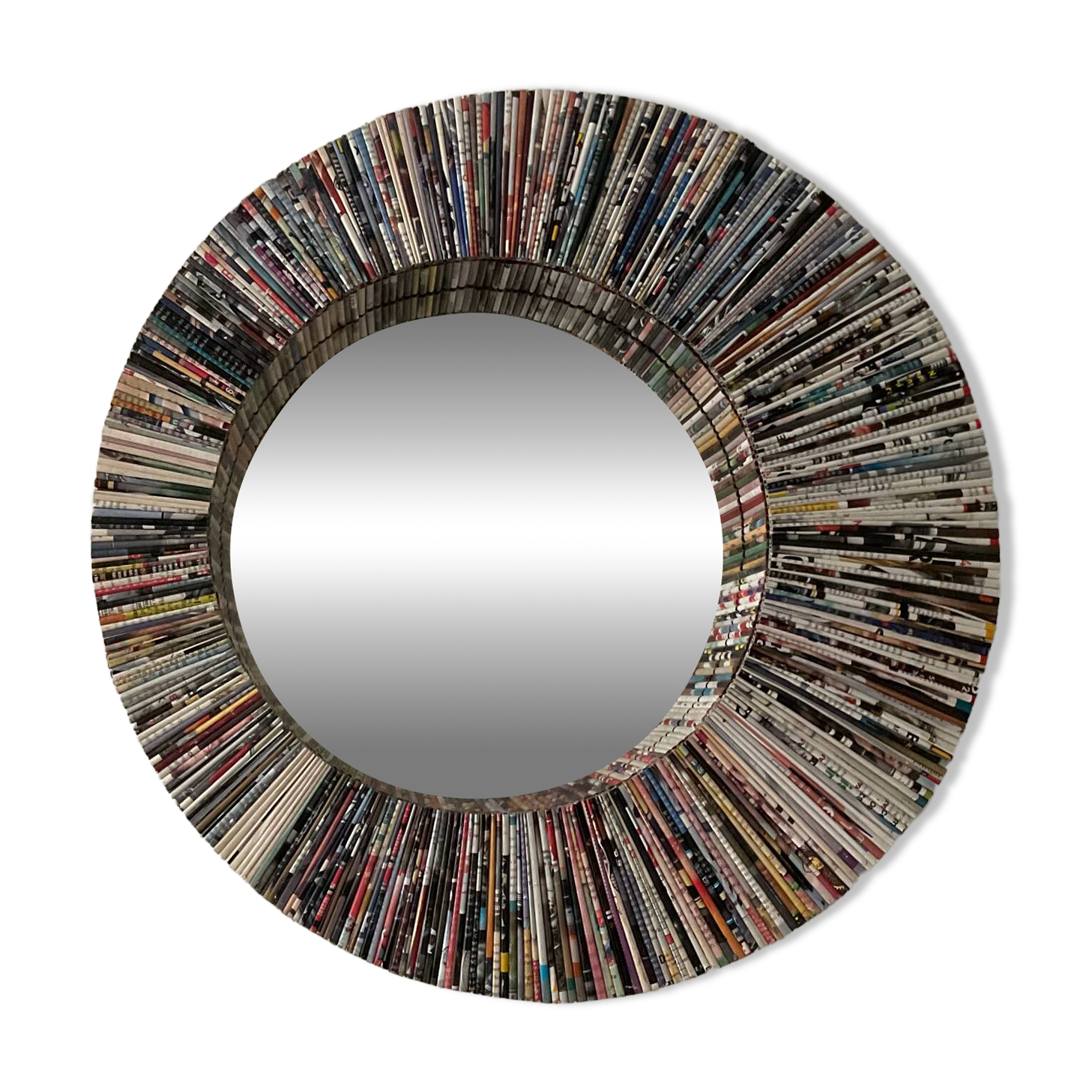 Vintage round mirror made of paper rolls