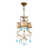 Lustre Italien cage metal doré gouttes bleues vers 1960
