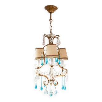 Italian chandelier in gold metal cage with blue drops circa 1960