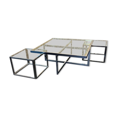 Table basse chrome & laiton 2 tables gigognes