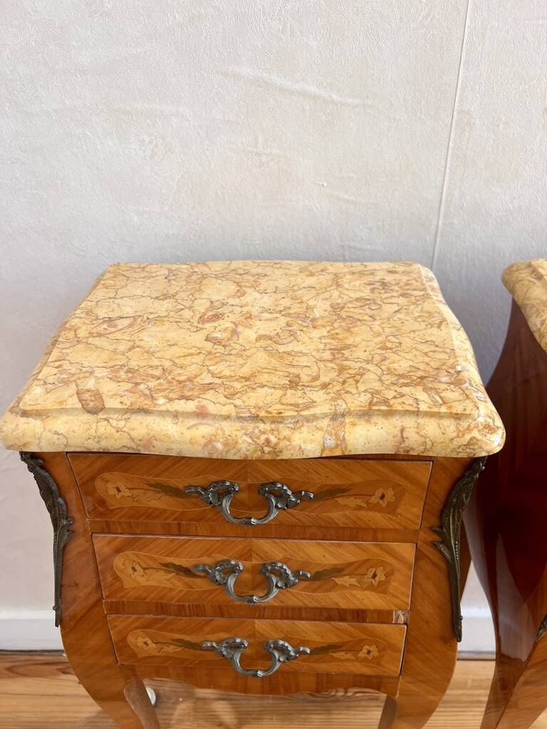 Pair French Rosewood Nightstands, Louis XV Marquetry Bedside Tables