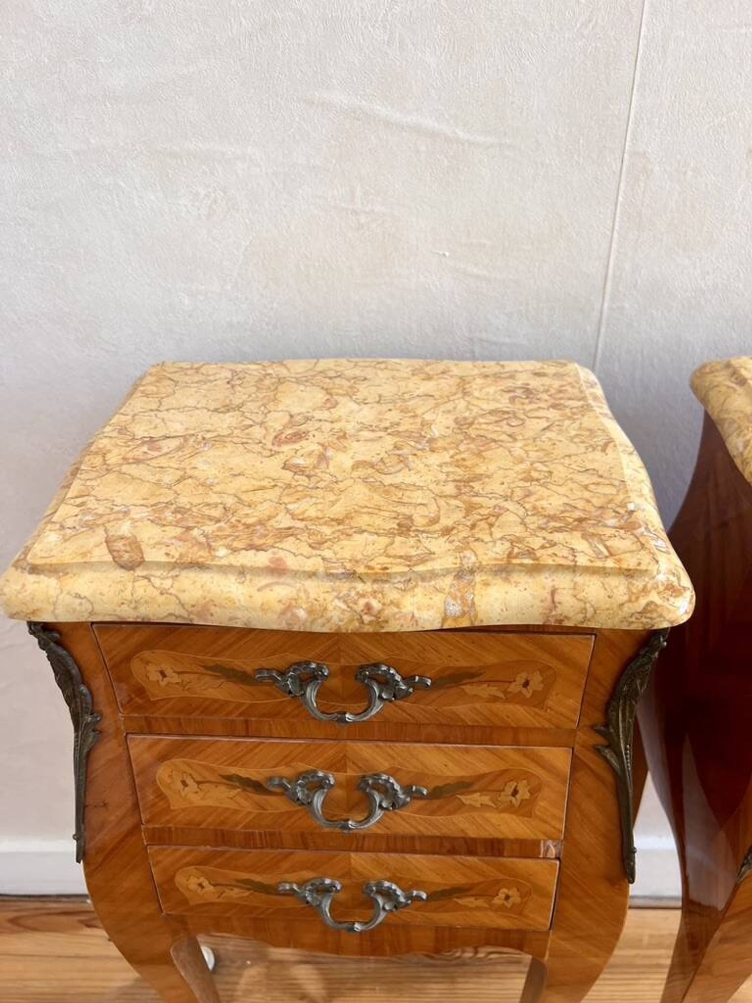 Pair of French rosewood bedside tables, Louis XV marquetry nightstands.