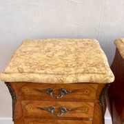 Pair of French rosewood bedside tables, Louis XV marquetry nightstands.