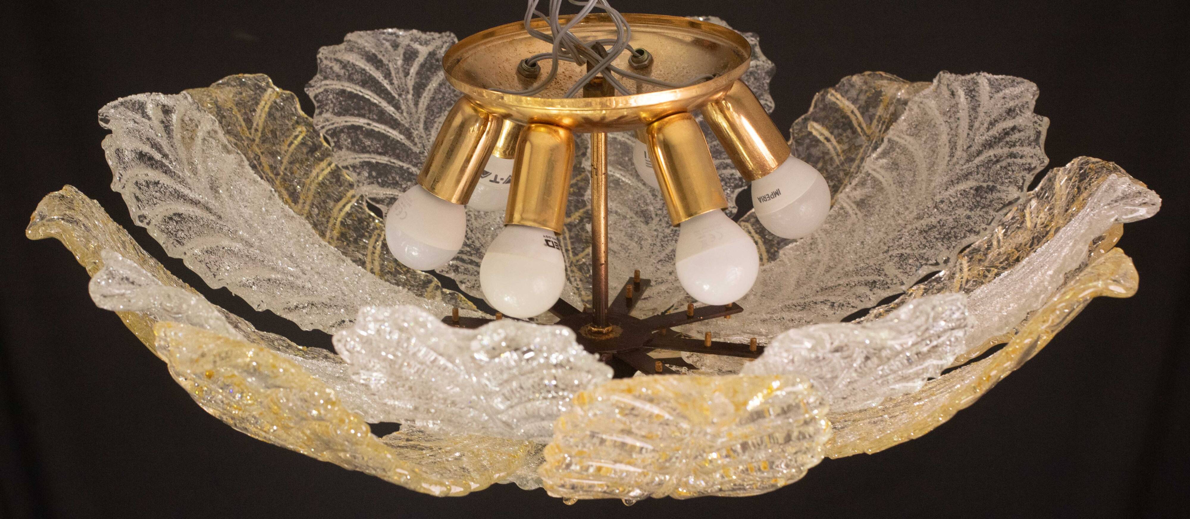 Murano Glass Gold and Transparent Leaves Chandelier or Flush Mount, 1970s