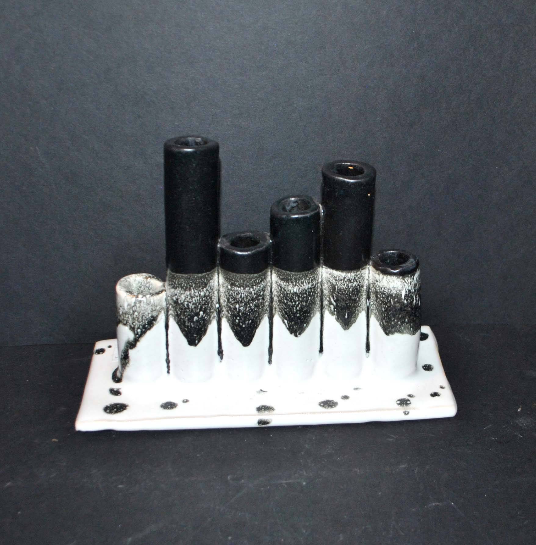 Vintage black and white ceramic soliflore vase - brush holder