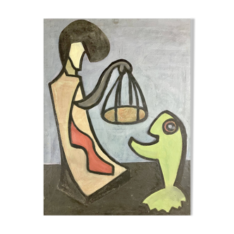 Painting "Surrealist Exchange" signed Molome 57