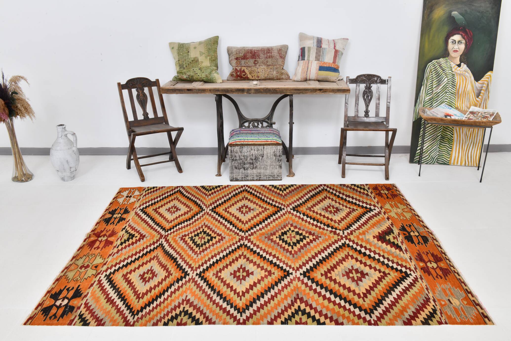 Tapis Kilim en laine fait main tribal noir orange 6x8