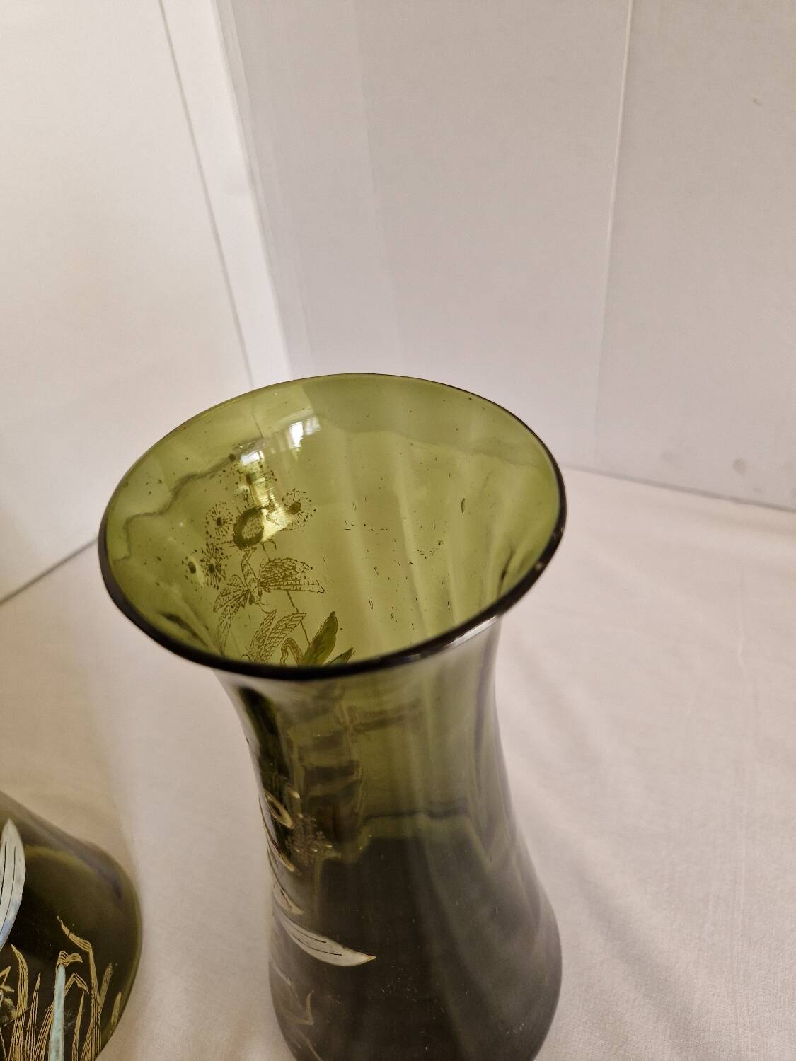 Pair of Enameled Glass Vases with Dragonflies. Unsigned Legras