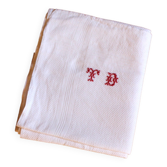 Old white damask linen tea towel Red monograms TD