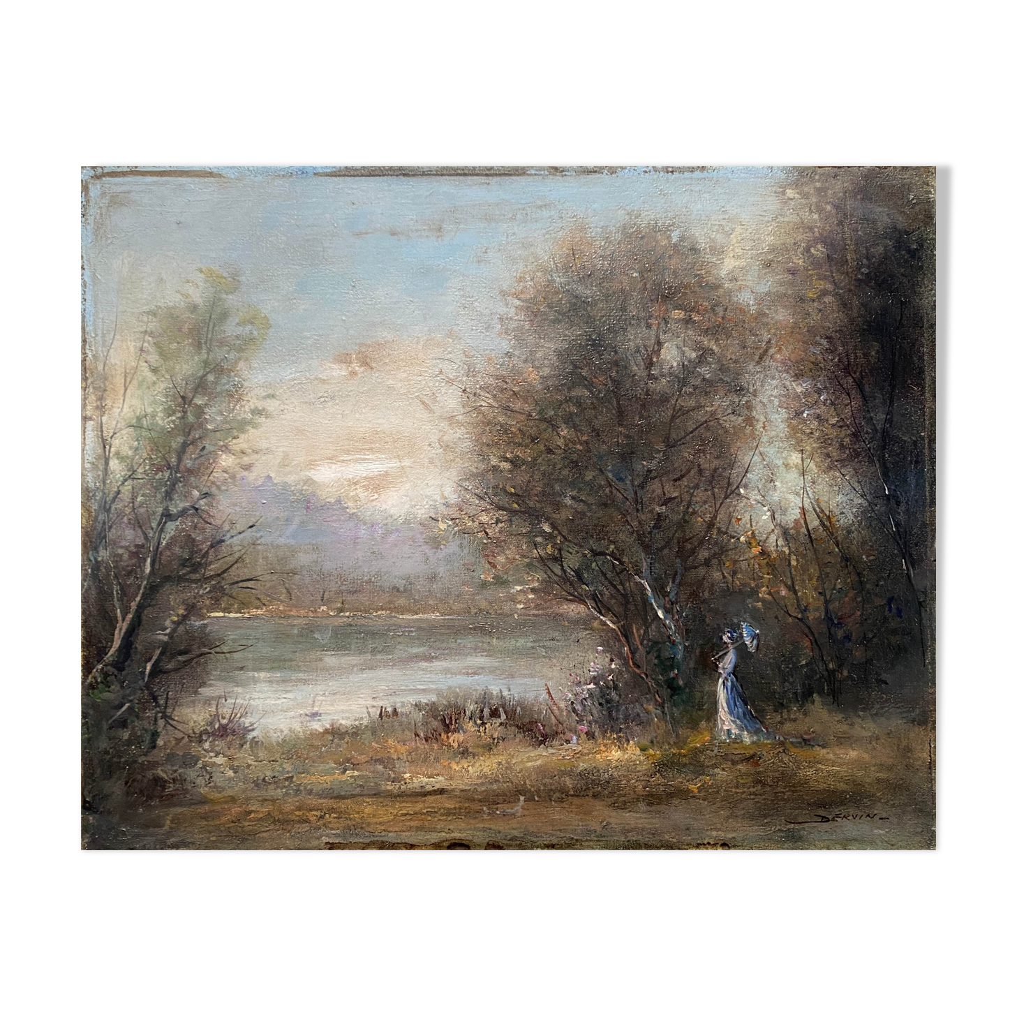 HST painting "The walk, young woman with the umbrella" signed Dervin