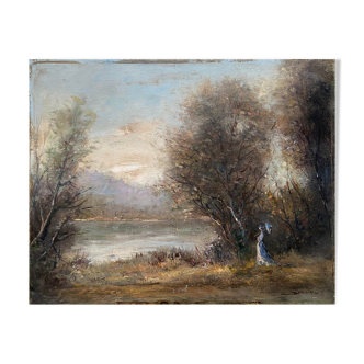HST painting "The walk, young woman with the umbrella" signed Dervin