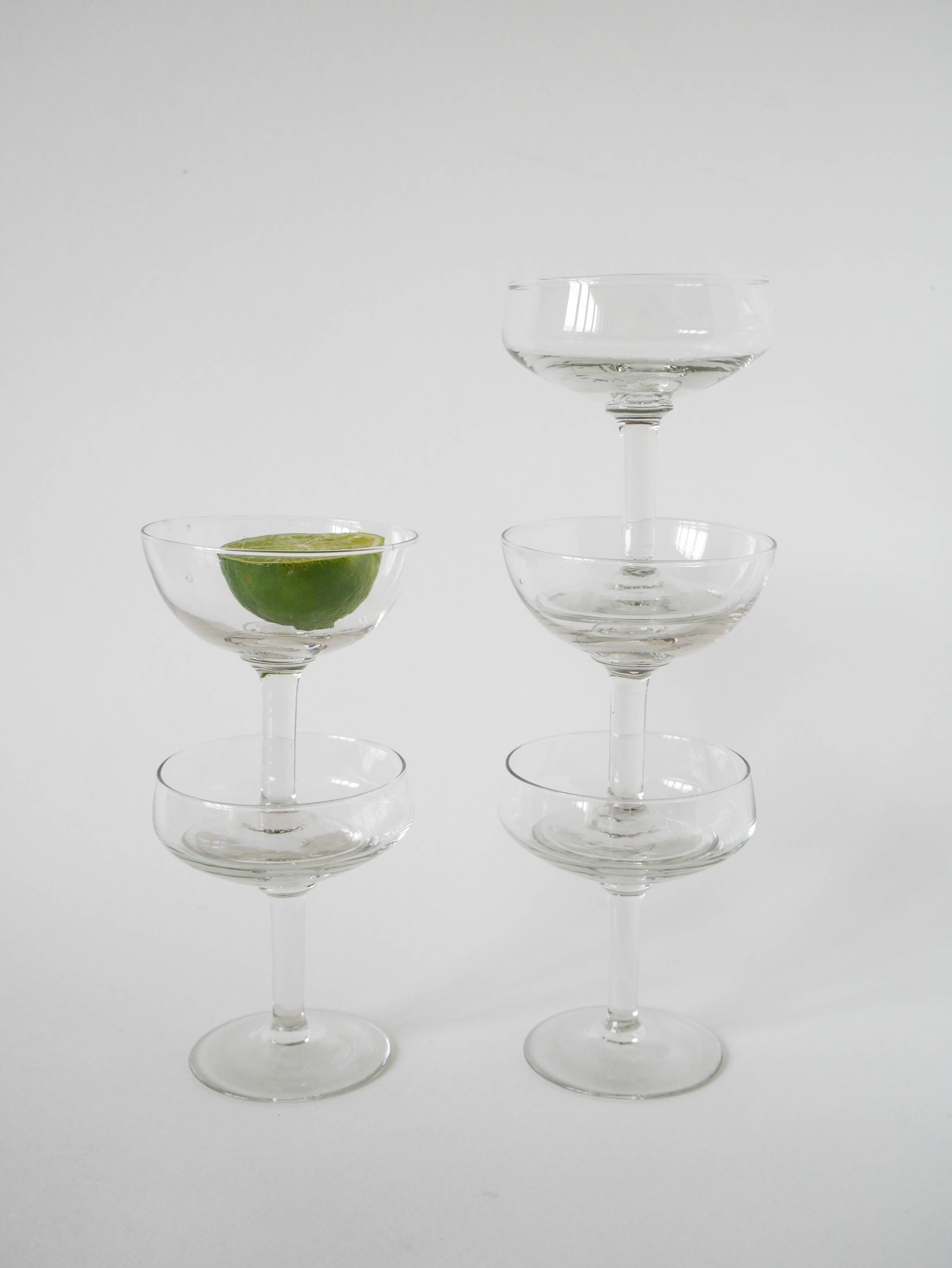 Magnificent set of 5 blown glass champagne glasses, early 20th century