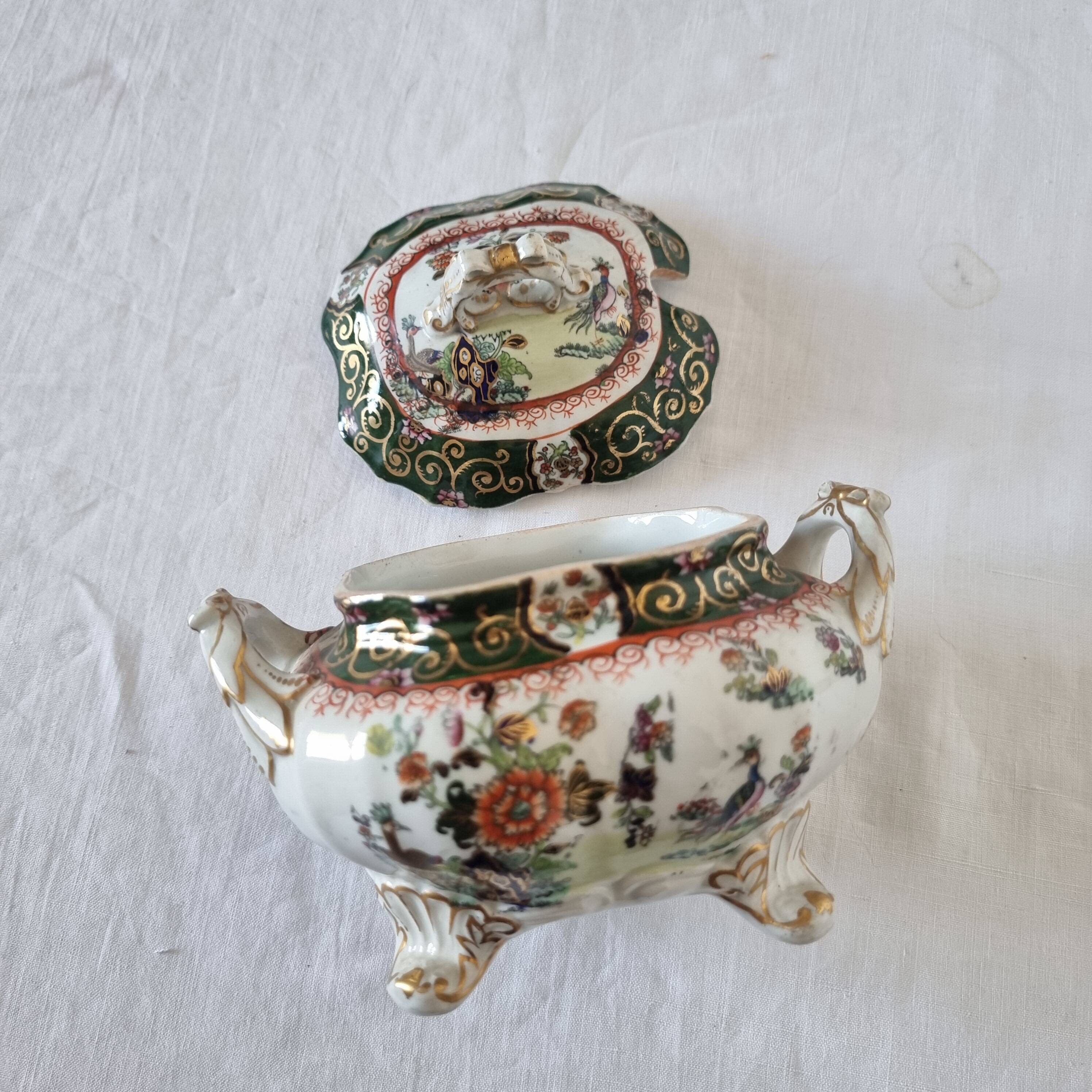 Antique Masons Sauce Boat with Lid English Porcelain Chinoiserie F