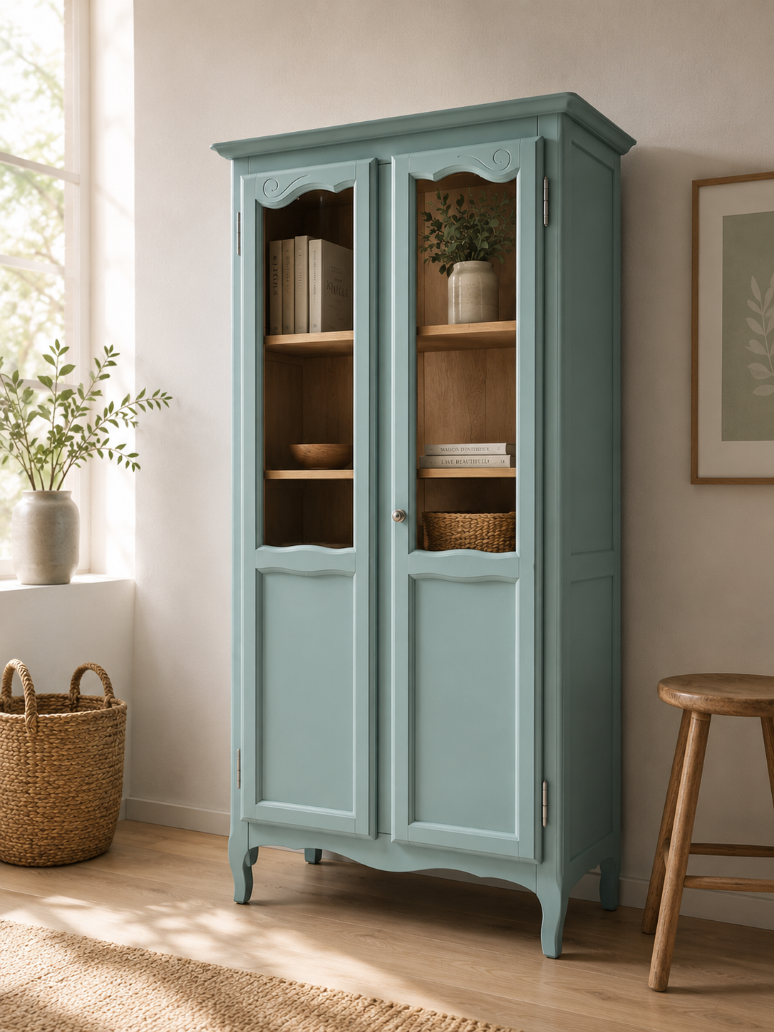 Vintage grey-green glass cabinet from the 1960s.
