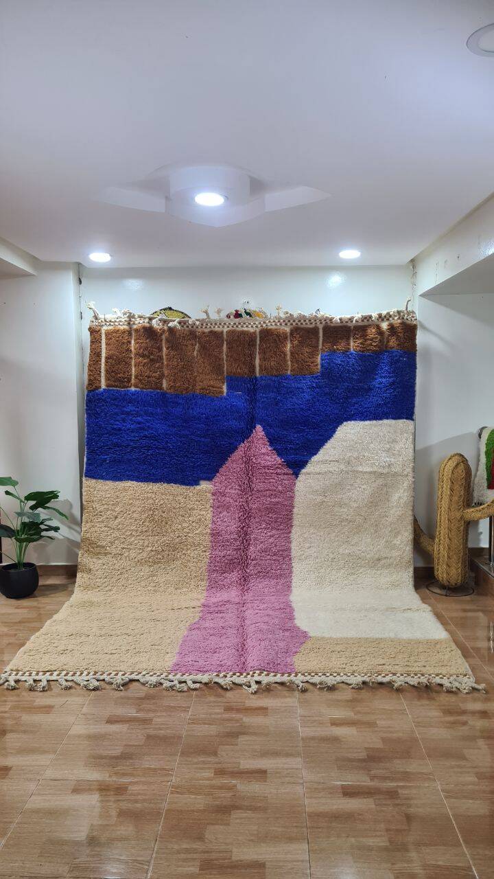 Modern Moroccan Beni Ouarain Rug with Color Block Design – Hand Woven Wool Rug