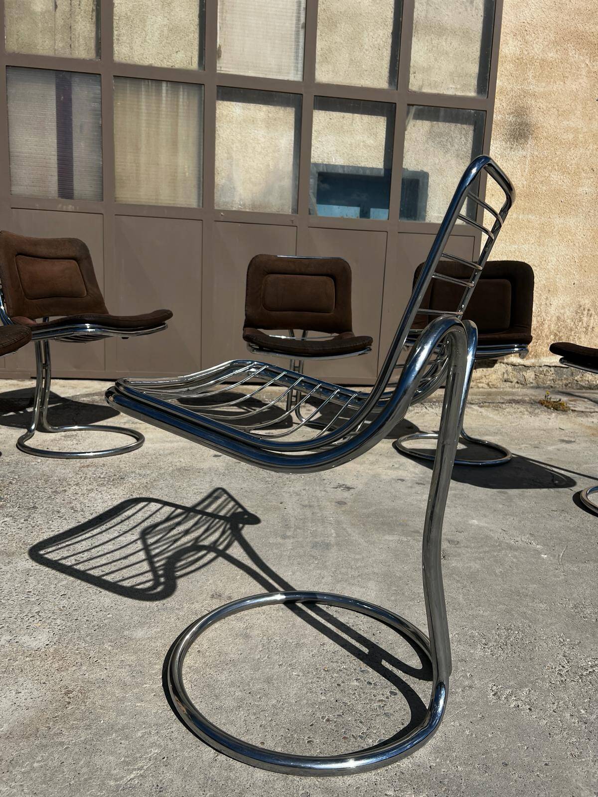 Set of 6 vintage Gastone Rinaldi style chrome steel chairs