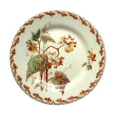 Assiette art nouveau porcelaine opaque polychrome signée gien, bégonias