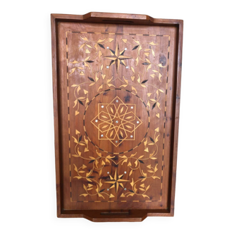 Old art nouveau serving tray vintage wood & mother-of-pearl marquetry