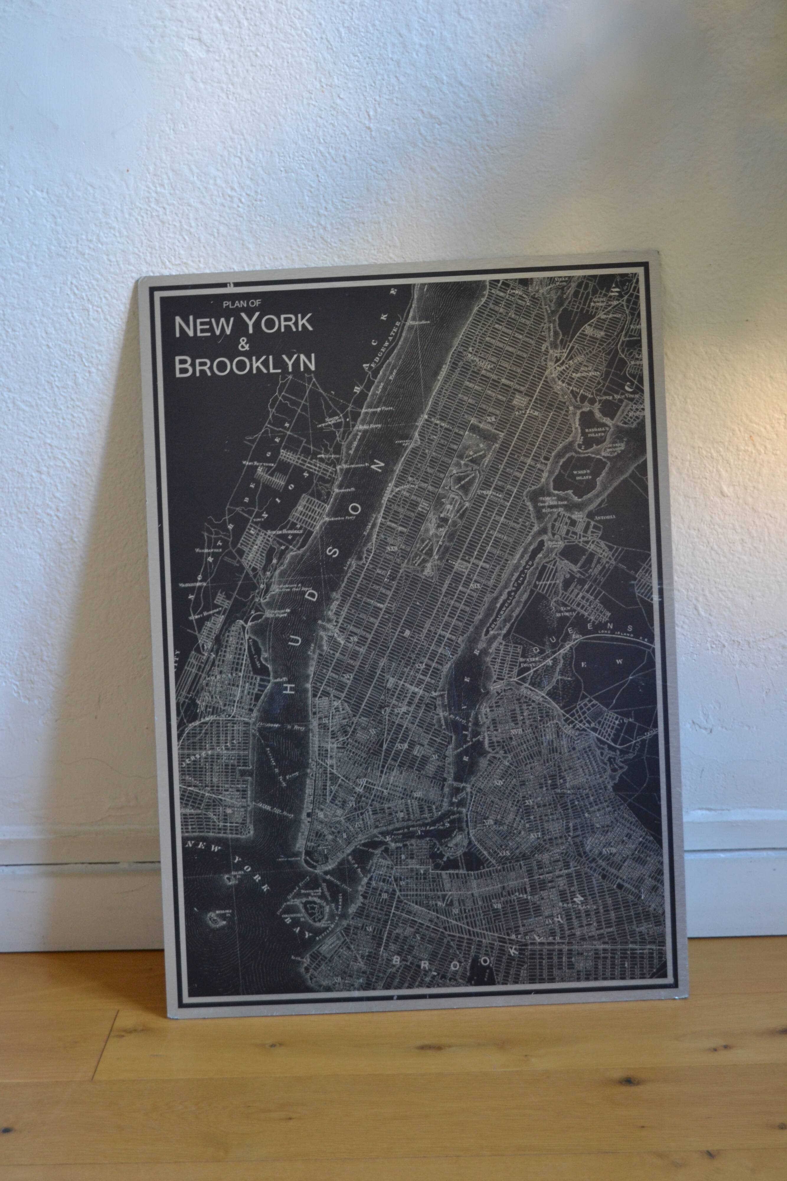 Map of New York & Brooklyn, silkscreen print on metal plate, 70 x 49 cm