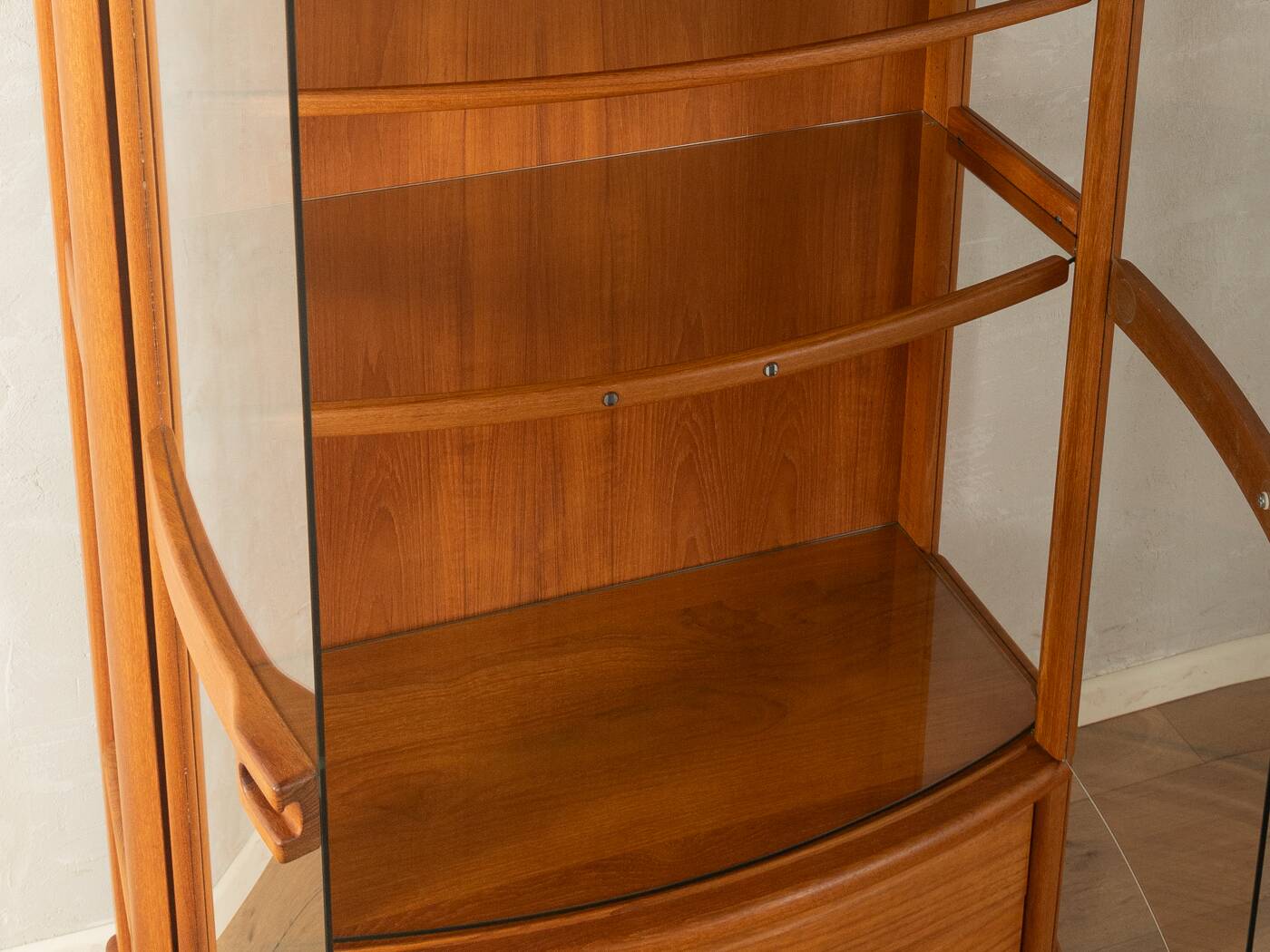 Exclusive display cabinet from the 1980s, solid teak, glass doors, drawers, lighting