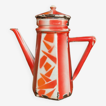 Rare cafetière ancienne Art Déco en tôle émaillée AUBECQ, France