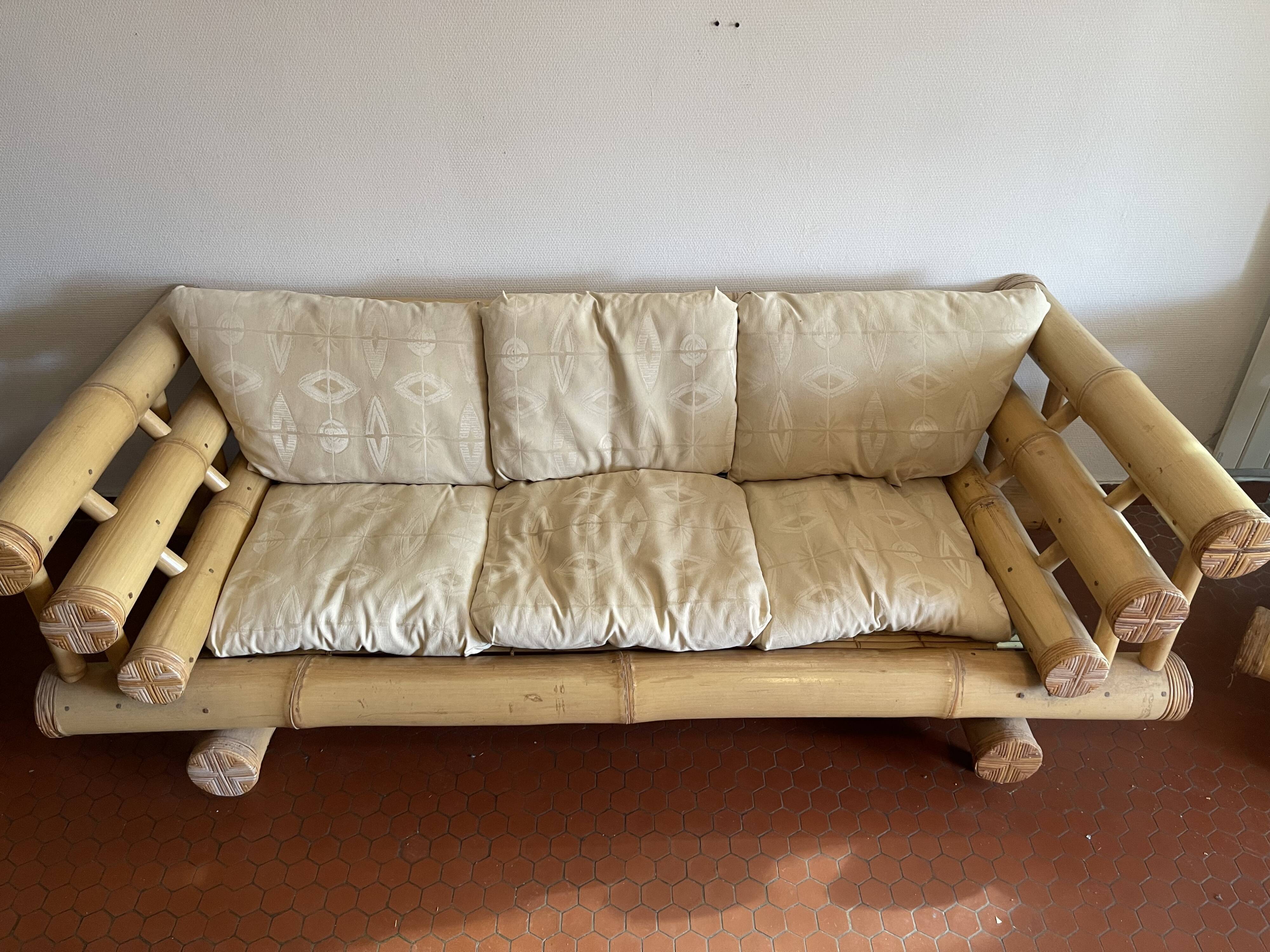 Set Sofa and 2 armchairs in large bamboo with cushions