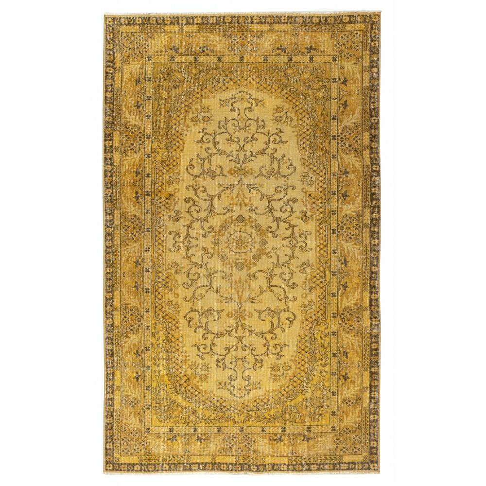 Yellow Overdyed Vintage Turkish Area Rug. Hand-Knotted Wool Carpet for Modern Interiors