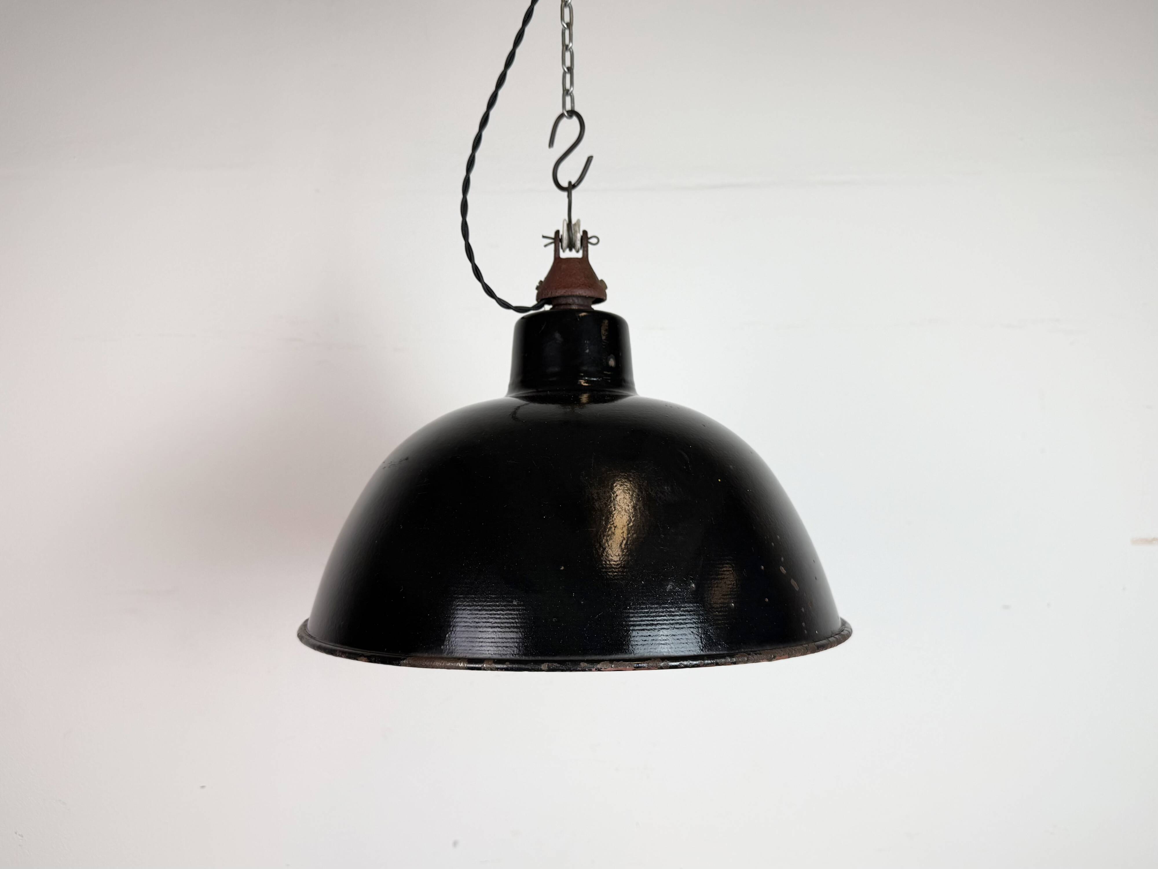 East German Black Enamel Factory Light by LBD Veb Leuchtenbau Dresden, 1950