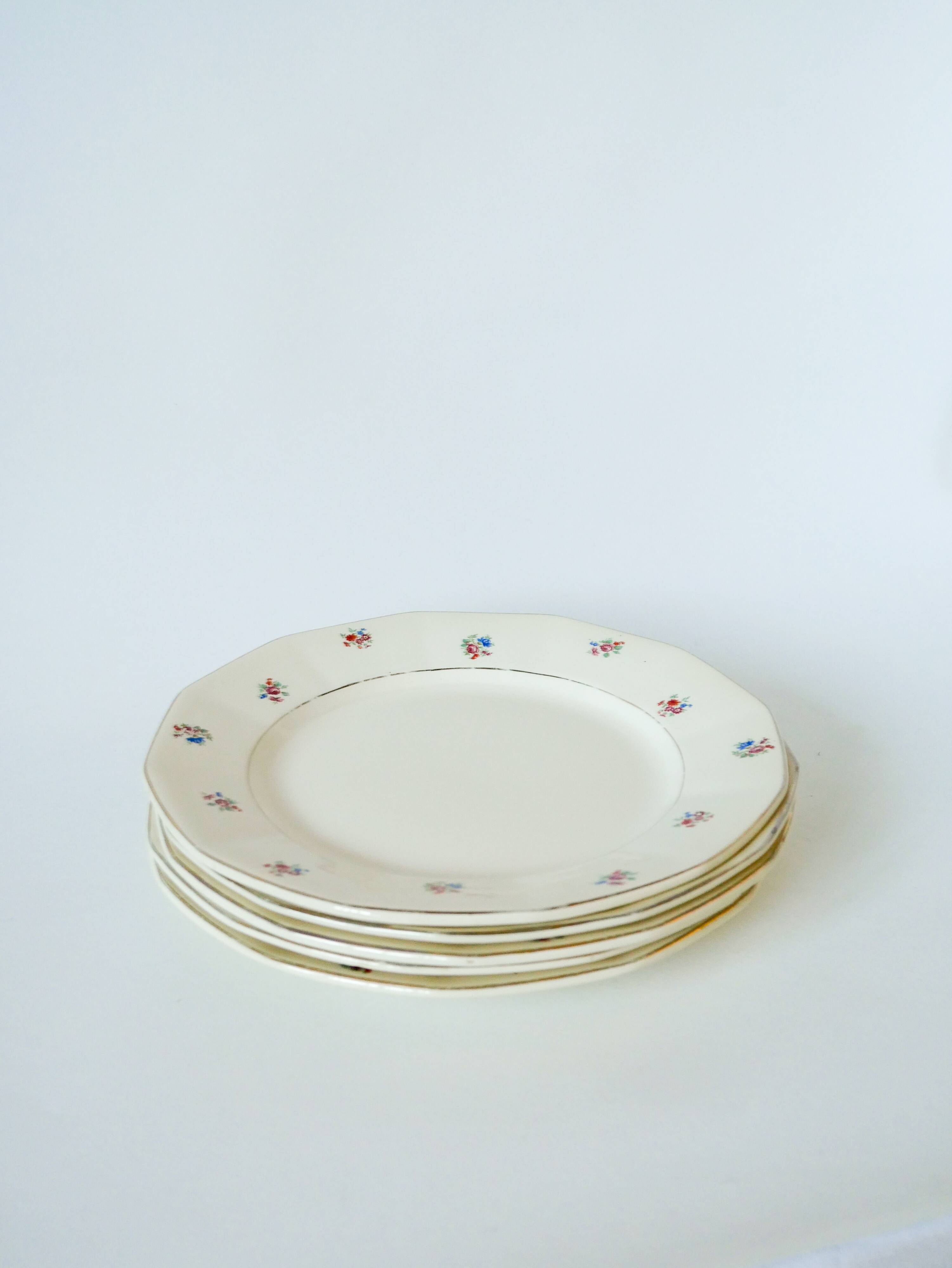 Lot of 5 Digoin Sarreguemines flat plates model small multicolored flowers 1960