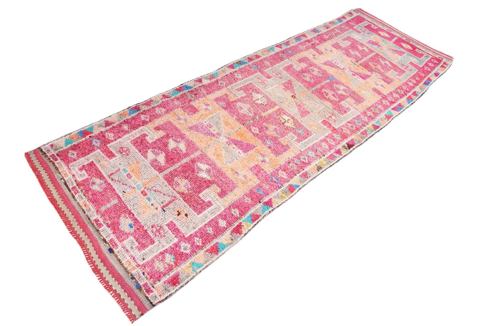 Raspberry Pink Tribal Vintage Runner Rug, Turkish Hallway Carpet,102x322 Cm