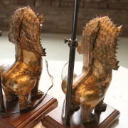 Pair of table lamps with gilt bronze Singha lions – Thailand, 1970s