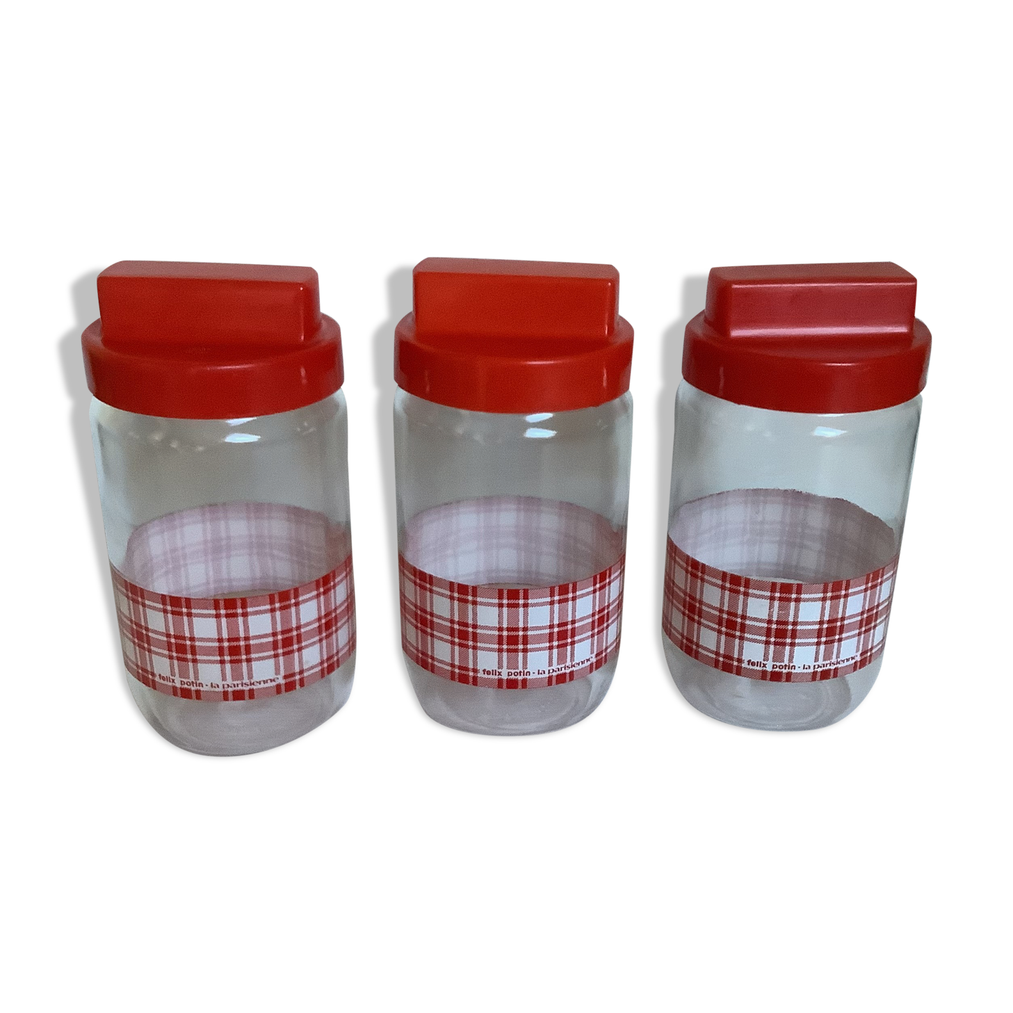 3 jars red and white dish towel pattern