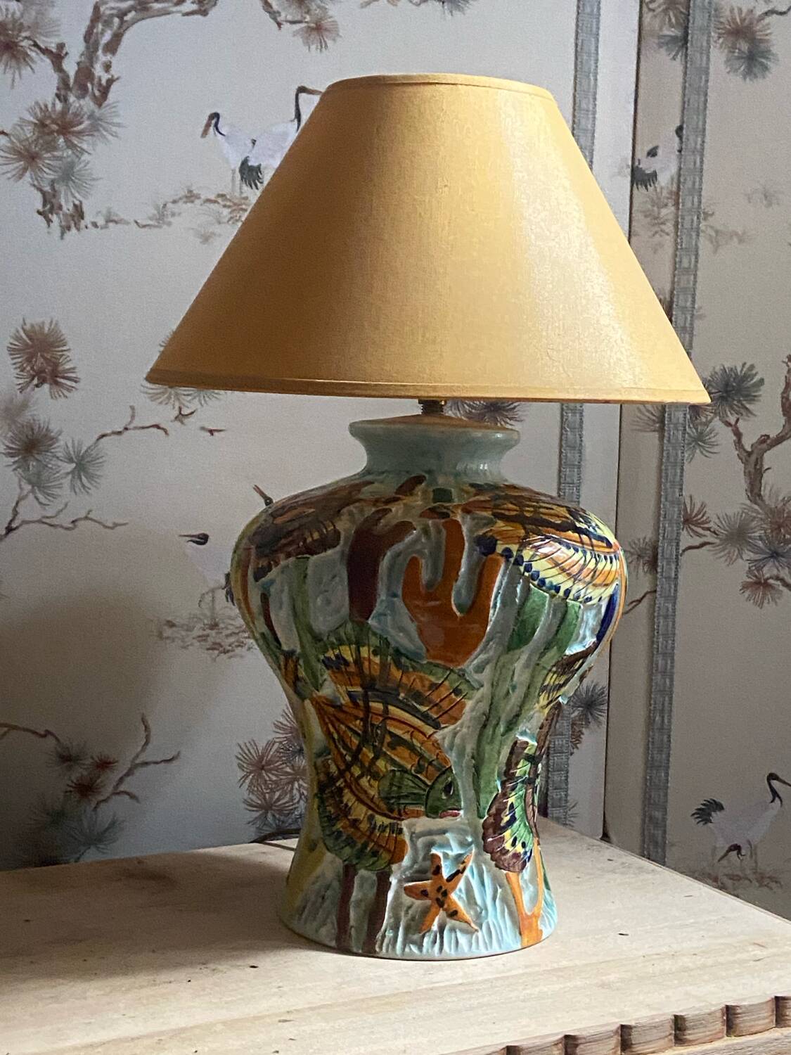 Ceramic lamp signed Claude Pruffert – Vallauris, marine decor in relief
