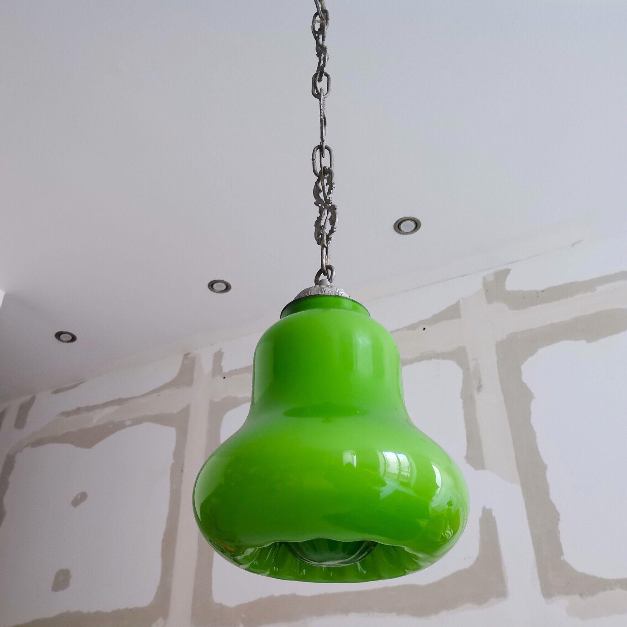 Mid-century portuguese green opaline glass hanging lamp 1960s