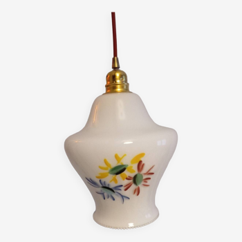 Suspension globe vintage en opaline décor fleurs
