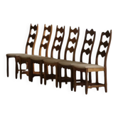 Set of 6 Henning Kjærnulf Oak Dining Chairs with Hessian Upholstery, Denmar