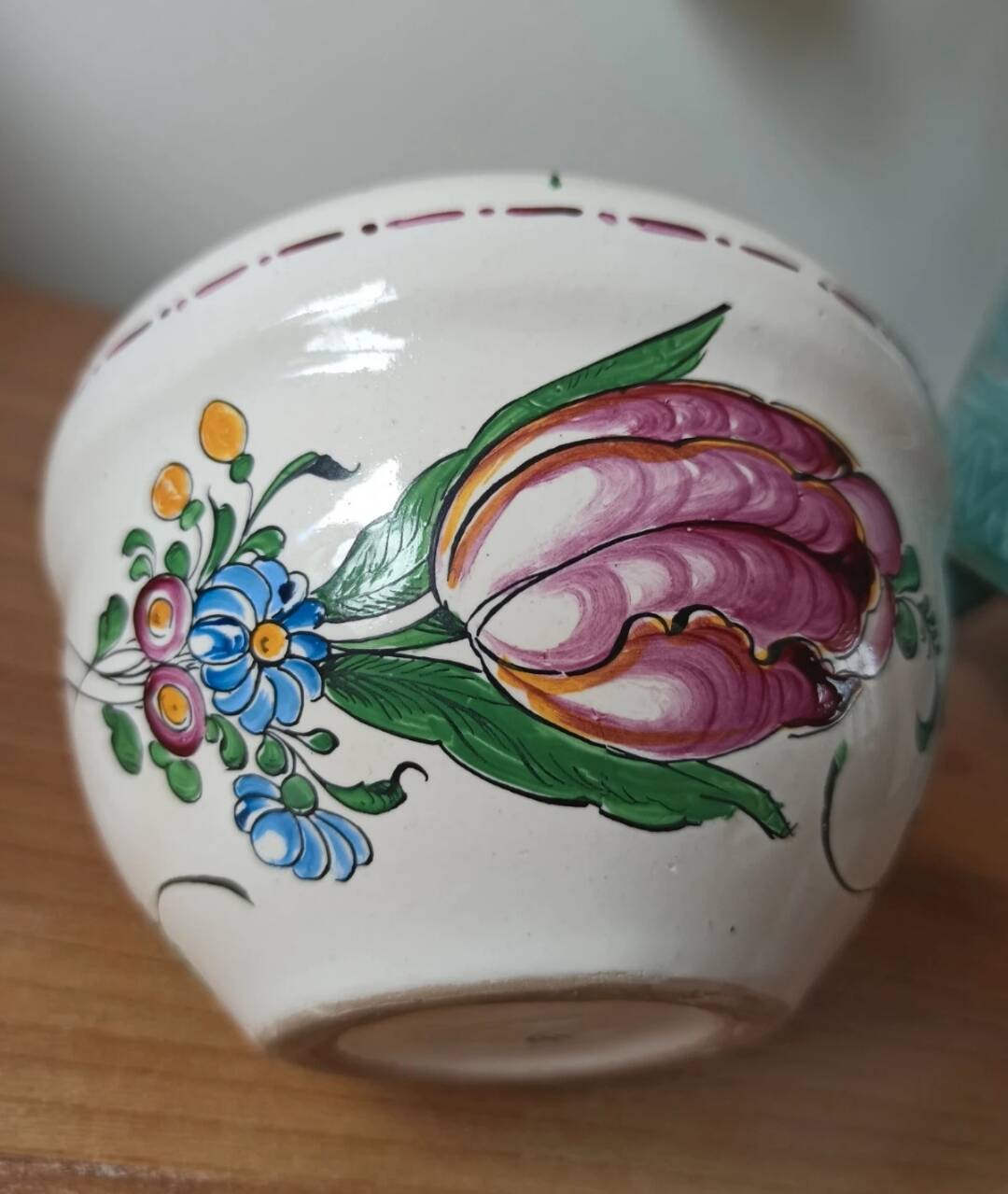 Pique-fleurs vintage en faïence - Décor fleurs et insectes