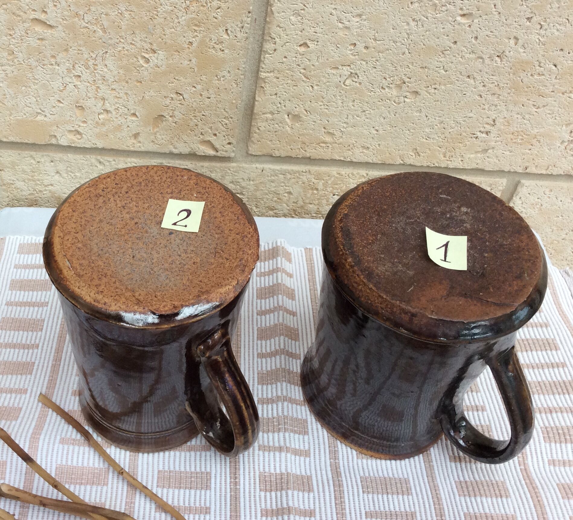 Set of 2 pitchers with enamelled sandstone spout, 50s