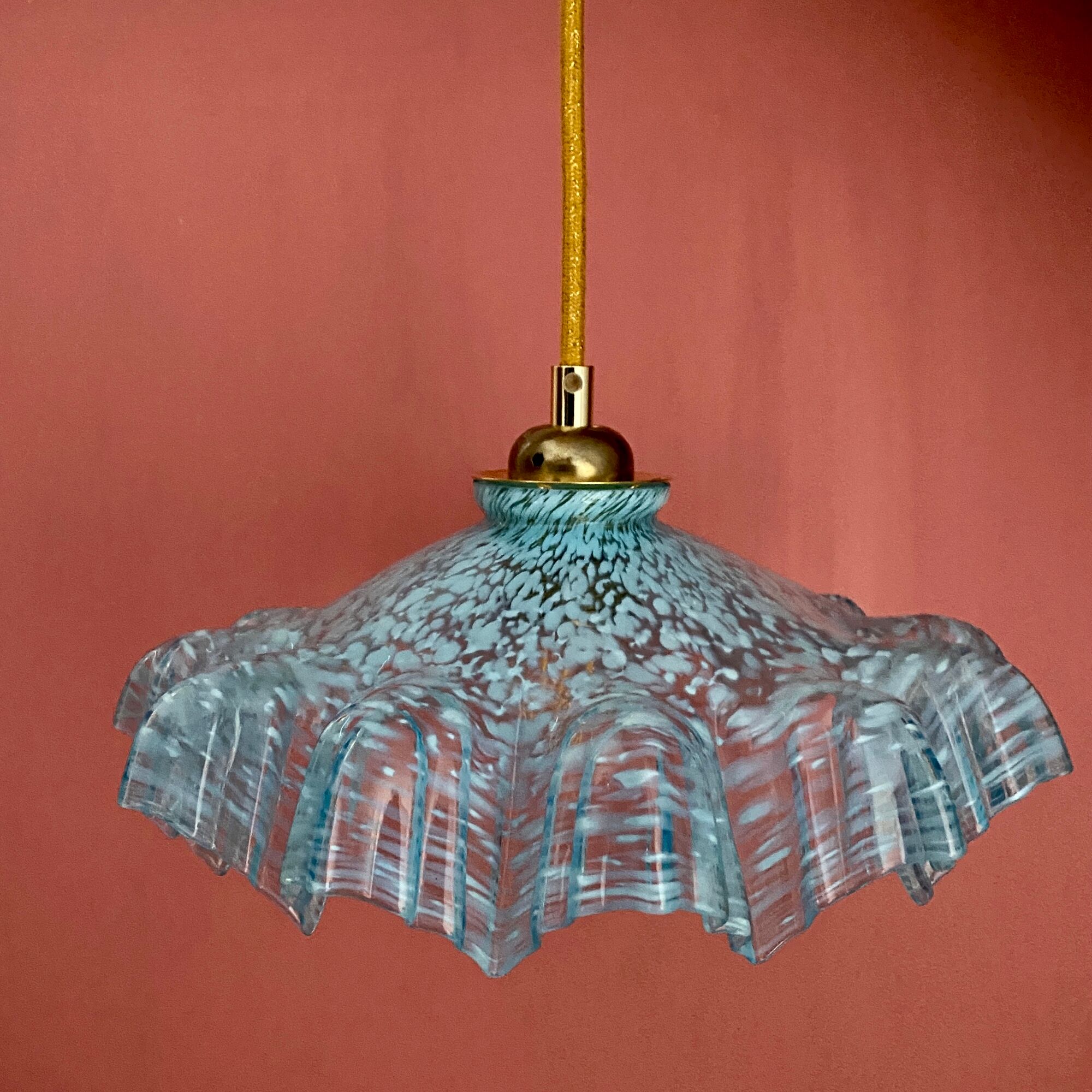 Vintage aabt-jour pendant lamp in blue Clichy glass