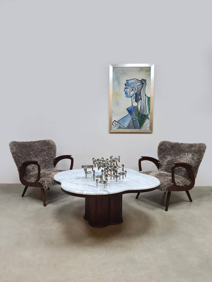 Midcentury travertine coffee table Jean Royère style