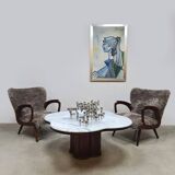 Table basse en travertin du milieu du siècle, style Jean Royère