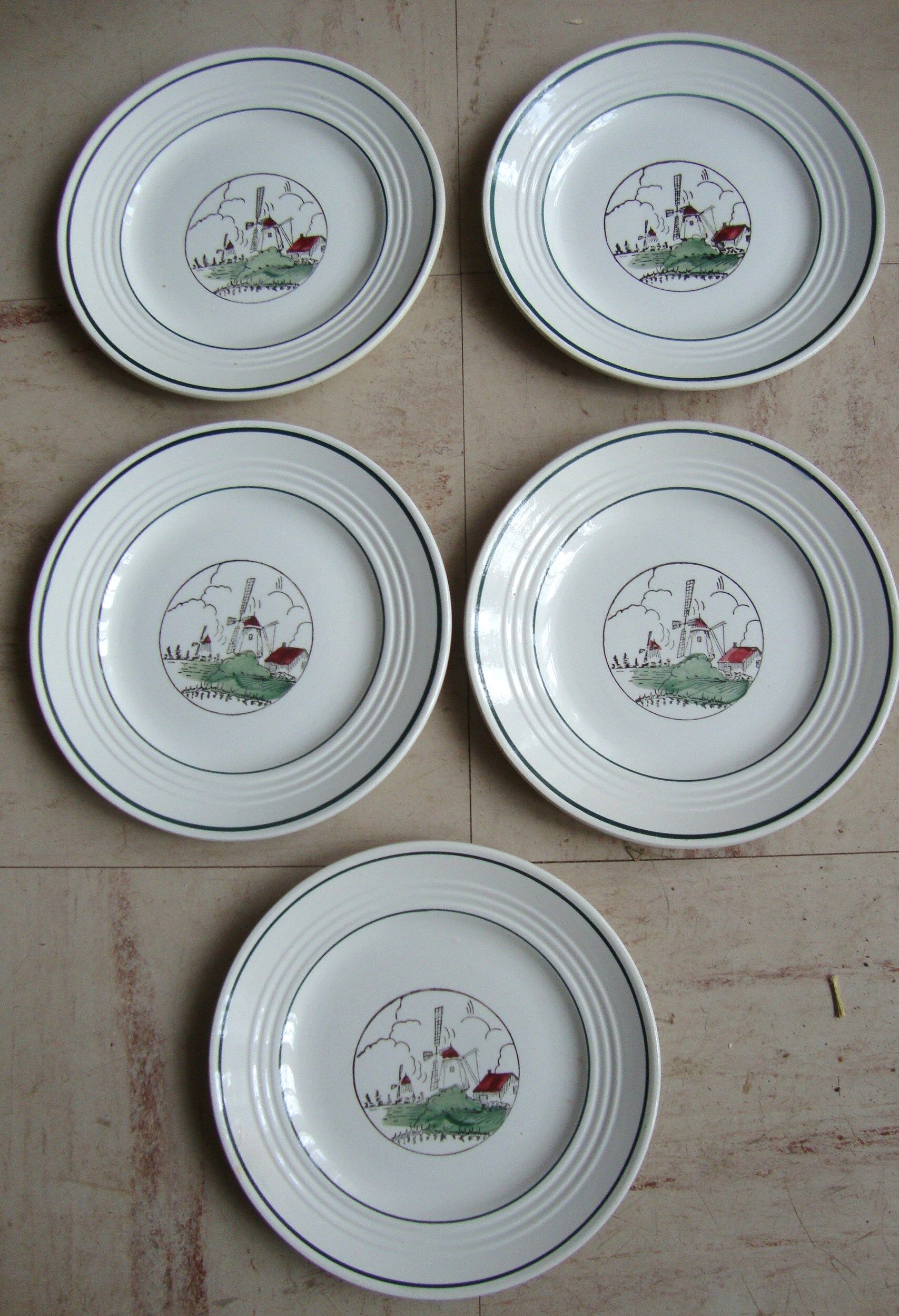 Set of 5 antique dessert plates St Amand décor Flanders