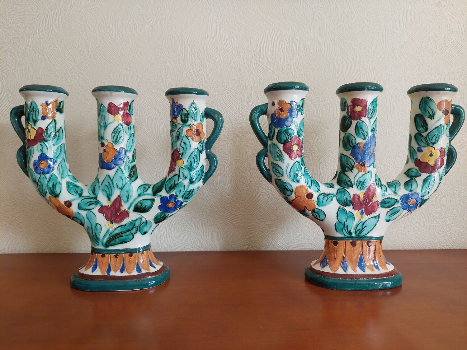 Pair of Monaco Cerart candlesticks floral decor 1950 1960