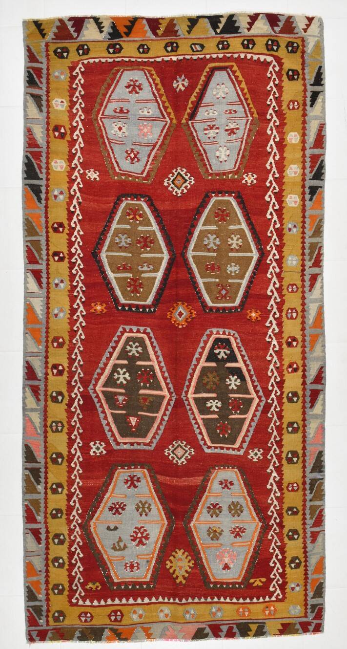 5x10 Light Color Yellow & Red Orientel Kilim Rug, 149x308Cm Vintage Kilim