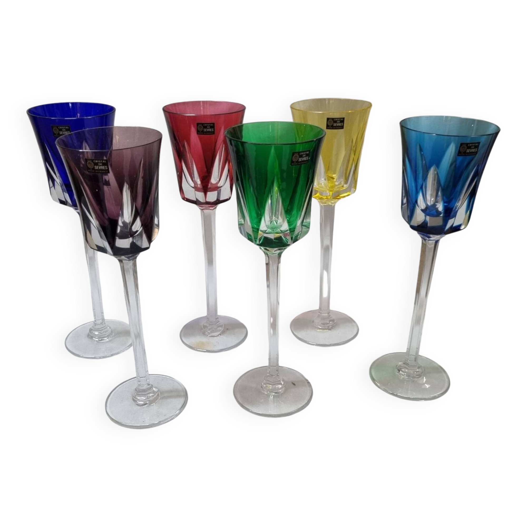 6 colored stemmed glasses in Sèvres crystal, 1980