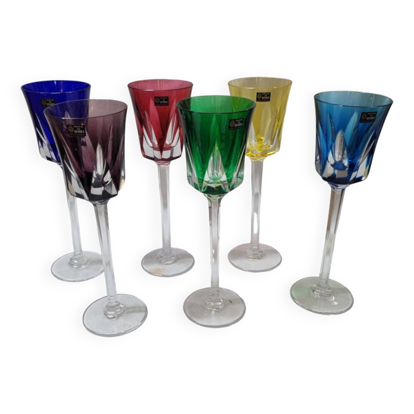 6 verres à pieds de couleur en cristal de Sèvres, 1980