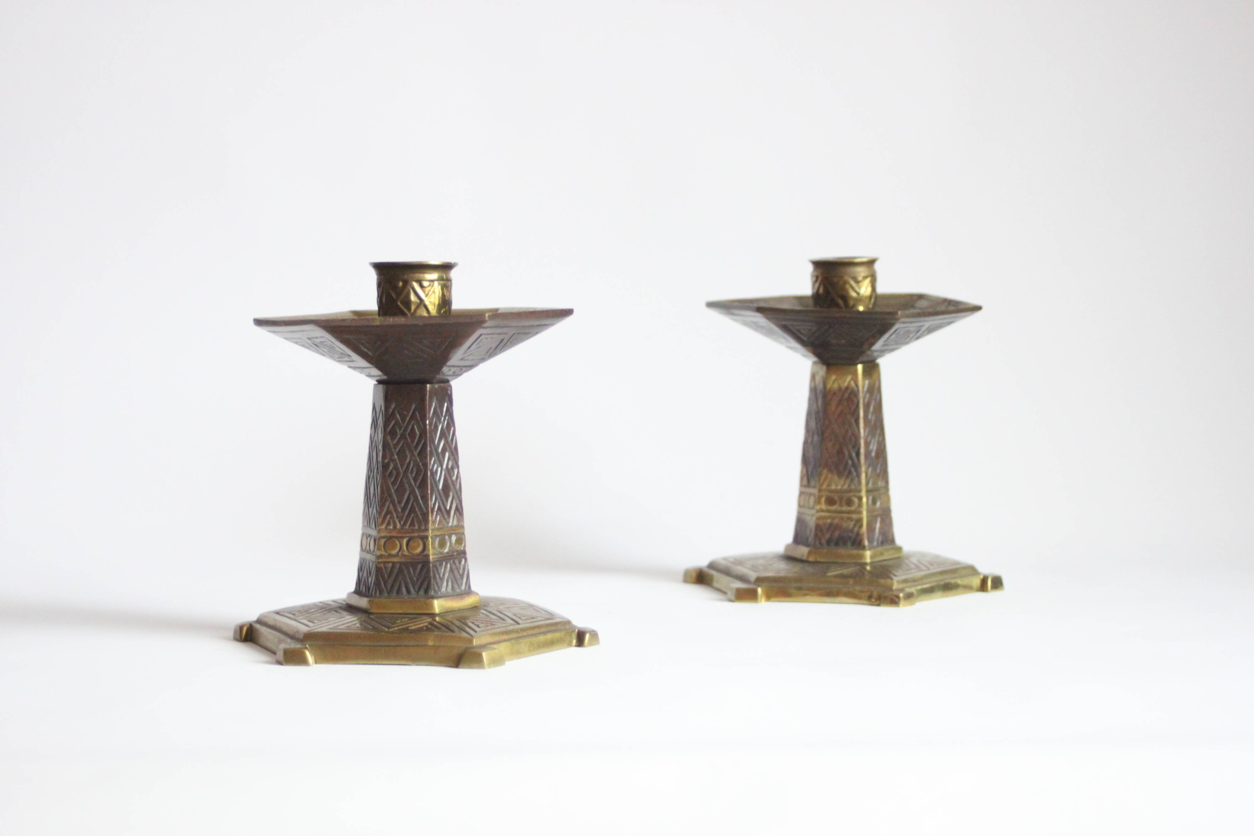 Art deco altar candle sticks in brass, 1920s